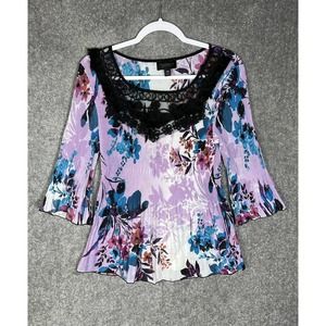 Investments Pleated Plisse‎ Floral 3/4 Bell Sleeve Lace Top Womens Petite Medium
